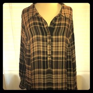 Brown plaid high low shirt dress